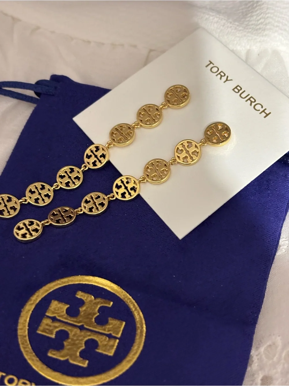 Tory Burch Gold Linked Logo Drop Earrings